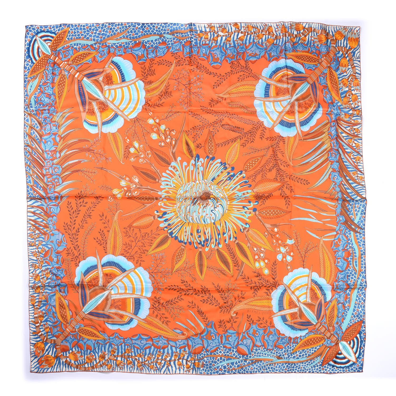 Hermes Silk Flowers of South Africa Scarf 140 Orange Turquoise Caramel 1 of 4