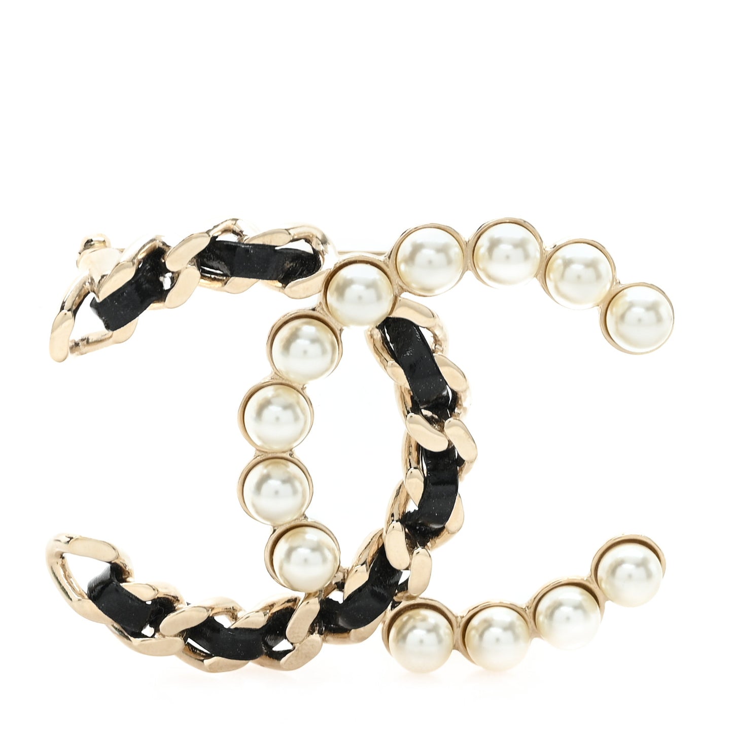 Lambskin Pearl CC Chain Brooch Black Gold