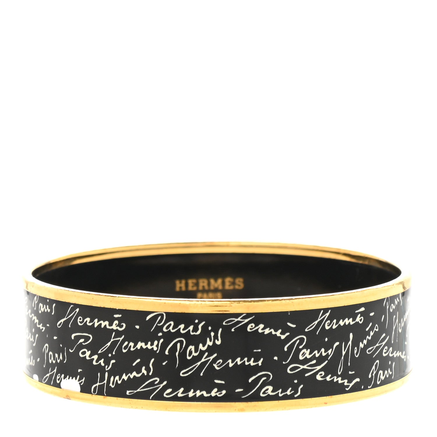 Hermes Enamel Printed Handwriting Wide Bracelet 65 Black 1 of 5