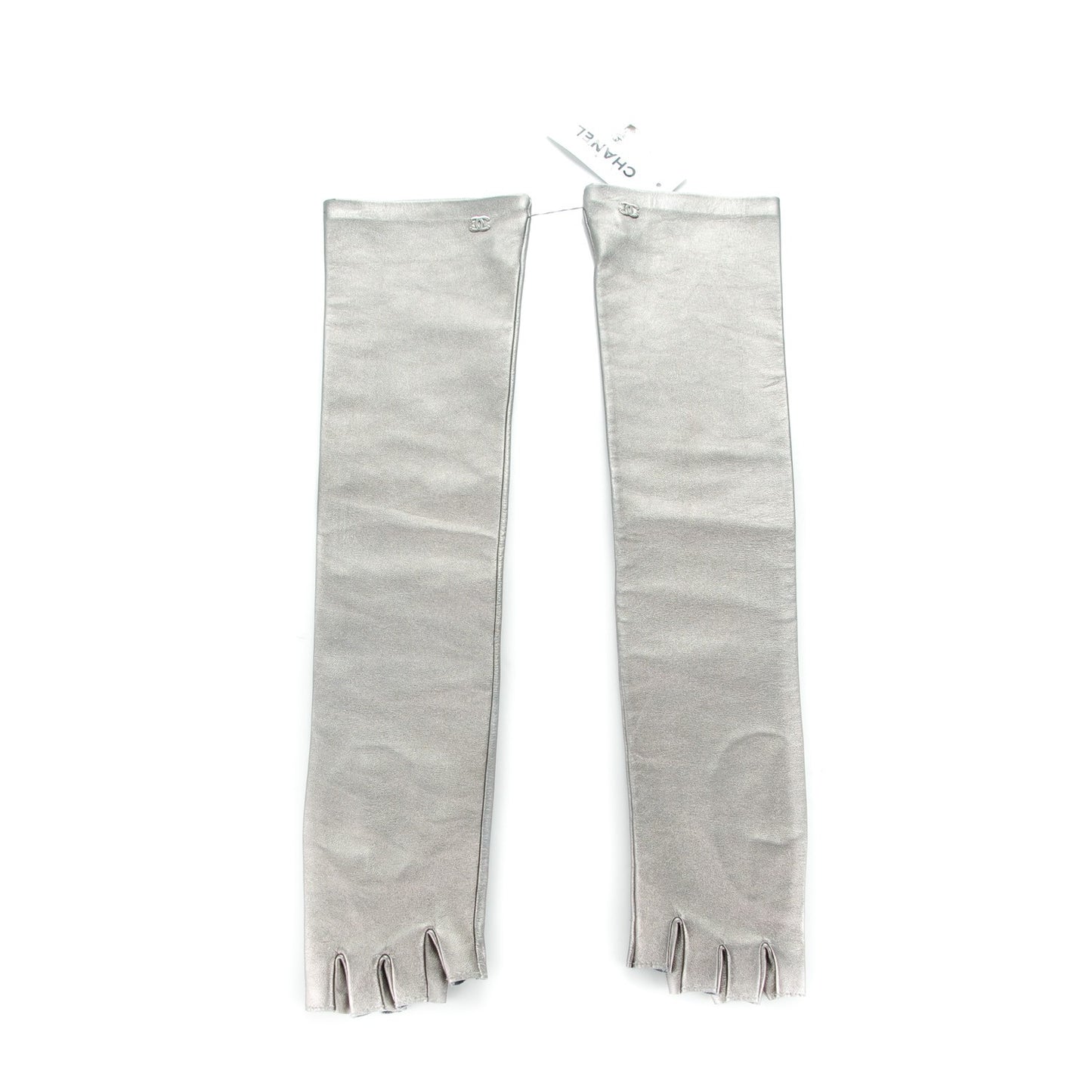 Metallic Lambskin Long Fingerless Gloves 7.5 Silver