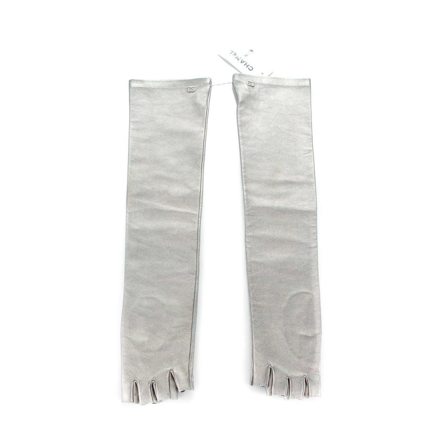 Chanel Metallic Lambskin Long Fingerless Gloves 7.5 Silver 1 of 7