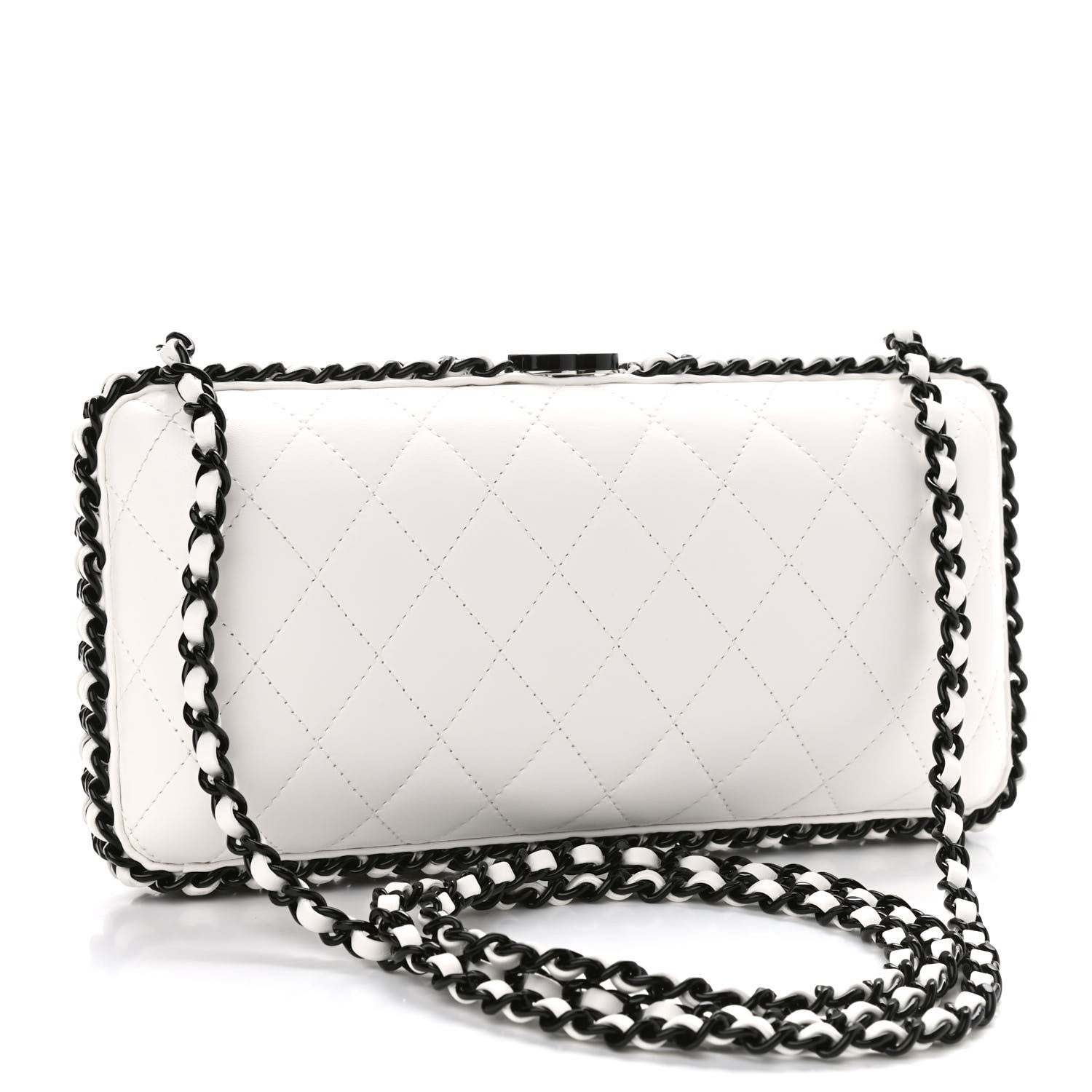 Chanel Lambskin Quilted Chain Around Clutch White Black 3 of 9