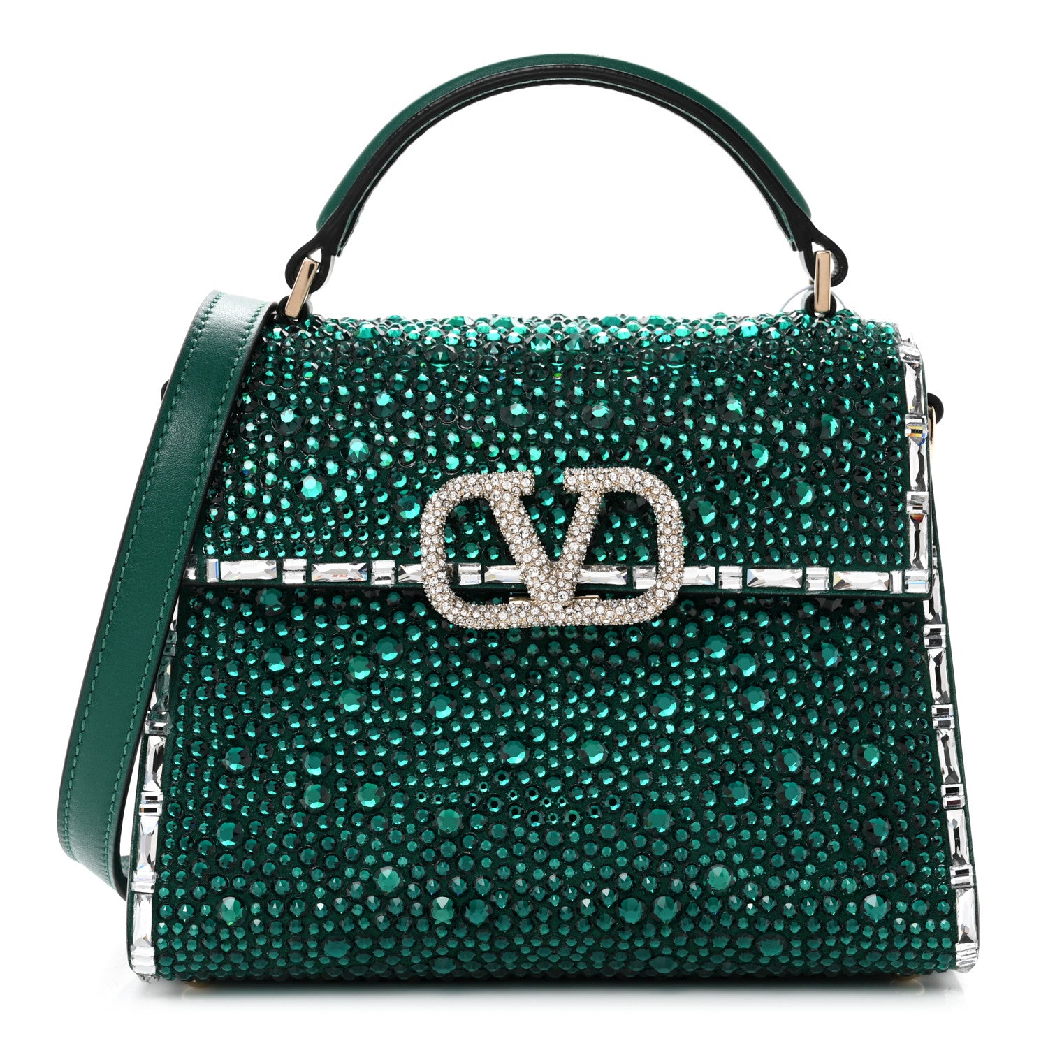 Valentino Garavani Crystal Embroidered Mini Vsling Top Handle Bag Emerald Jungle 1 of 9