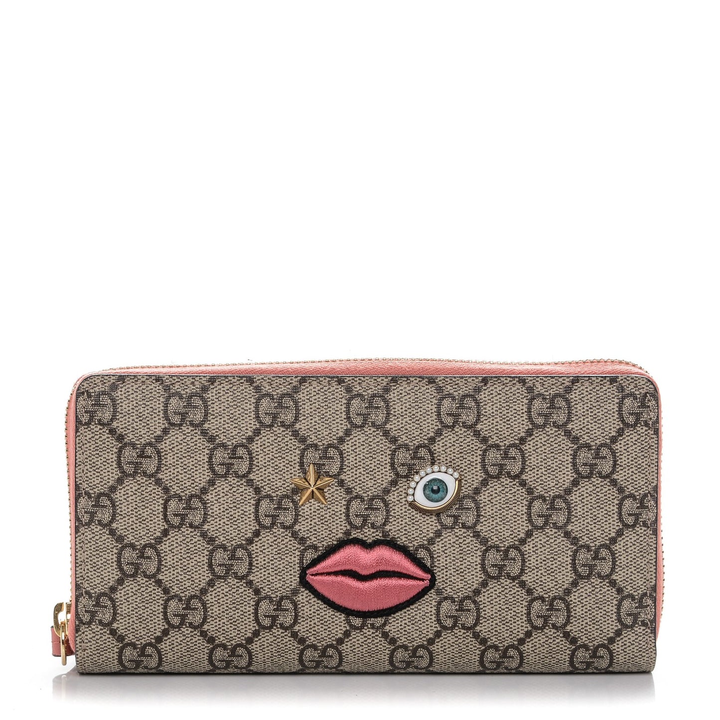 GG Supreme Monogram Embroidered Face Zip Around Wallet Pink
