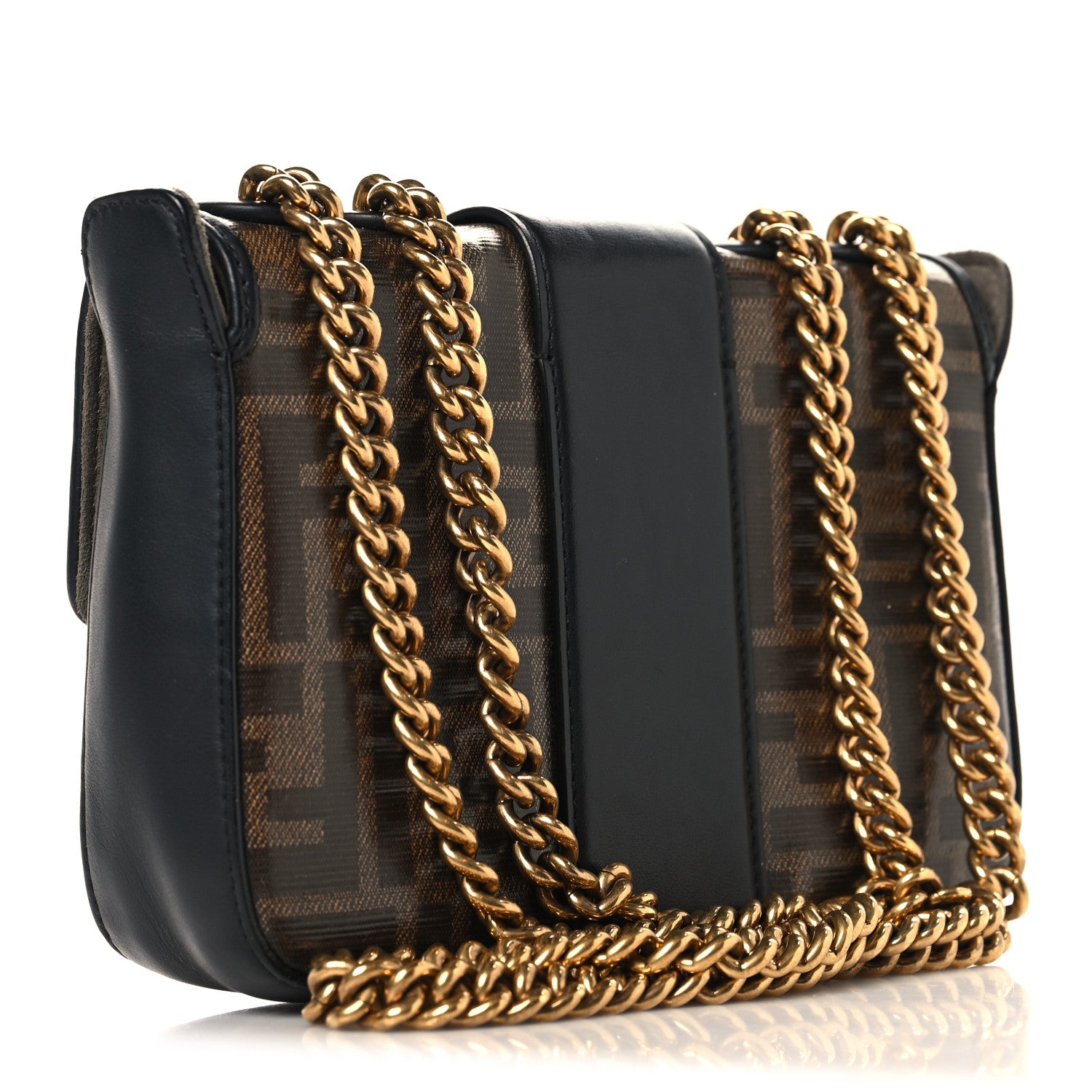 Fendi Glazed Fabric Vitello Century FF 1974 Stamp Patch Mini Double F Crossbody Bag Mogano Panna Black 2 of 12