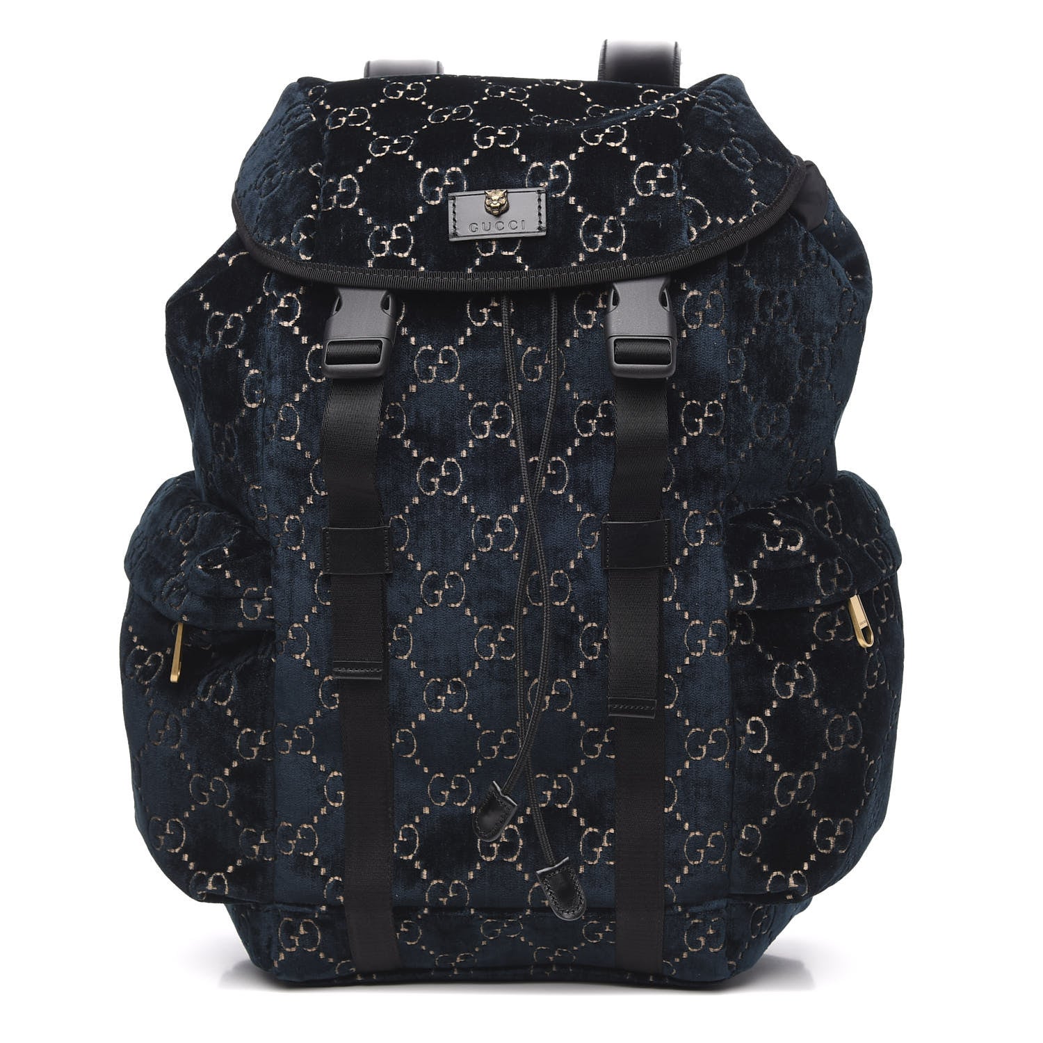 Gucci Velvet GG Monogram Web Medium Double Buckle Backpack Blue Beige Black 1 of 9