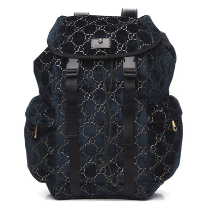 Gucci Velvet GG Monogram Web Medium Double Buckle Backpack Blue Beige Black 1 of 9