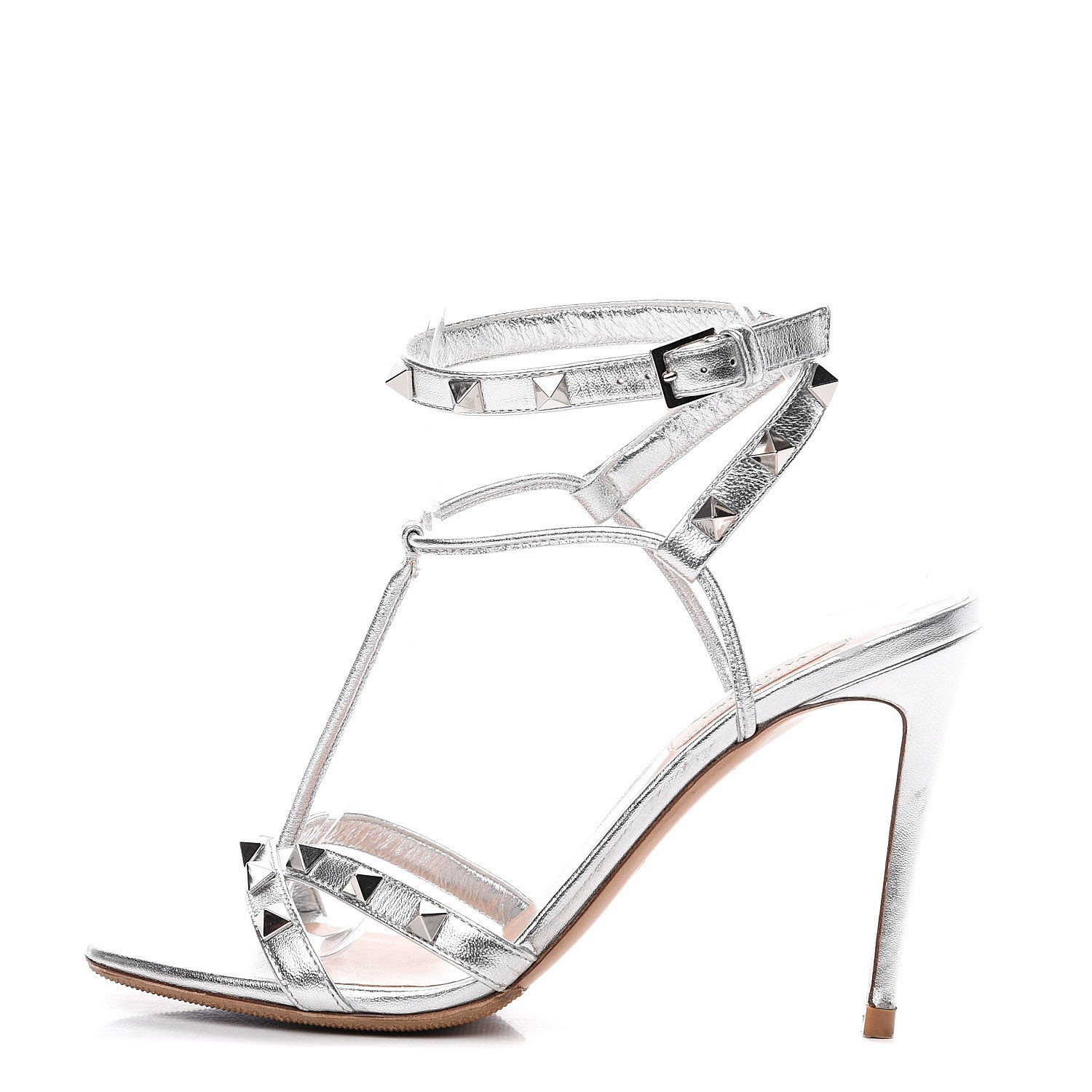 Valentino Garavani Metallic Nappa Rockstud Ankle T-Strap 105mm Sandals 37.5 Silver 1 of 11