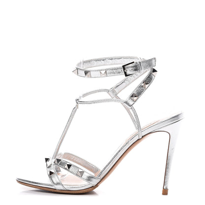 Valentino Garavani Metallic Nappa Rockstud Ankle T-Strap 105mm Sandals 37.5 Silver 1 of 11