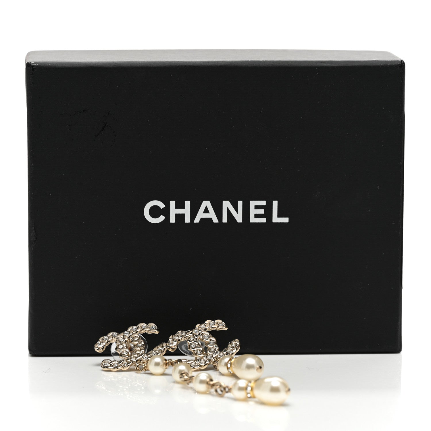 Chanel Pearl Crystal CC Uneven Drop Earrings Gold 5 of 5