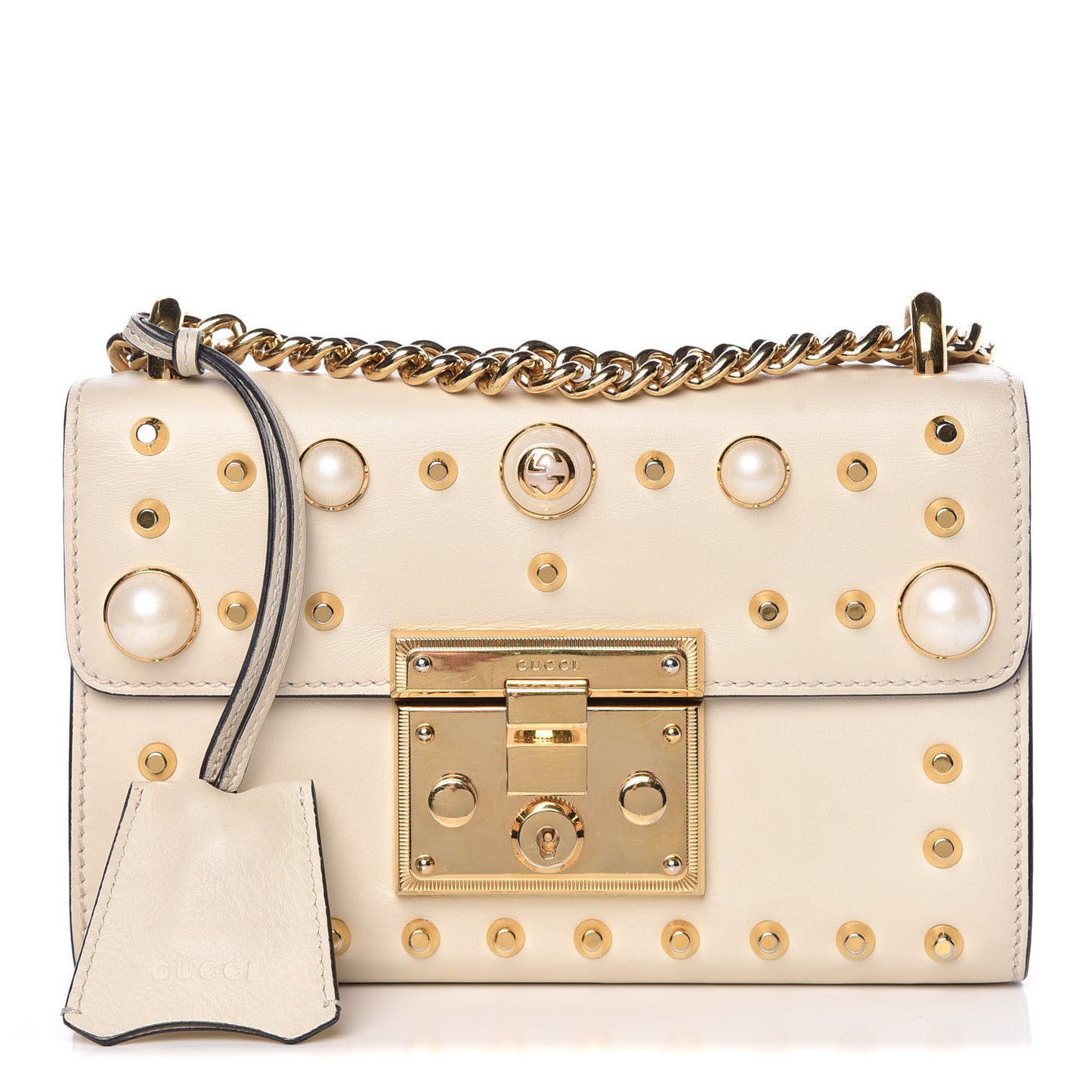 Calfskin Studded Small Padlock Shoulder Bag White