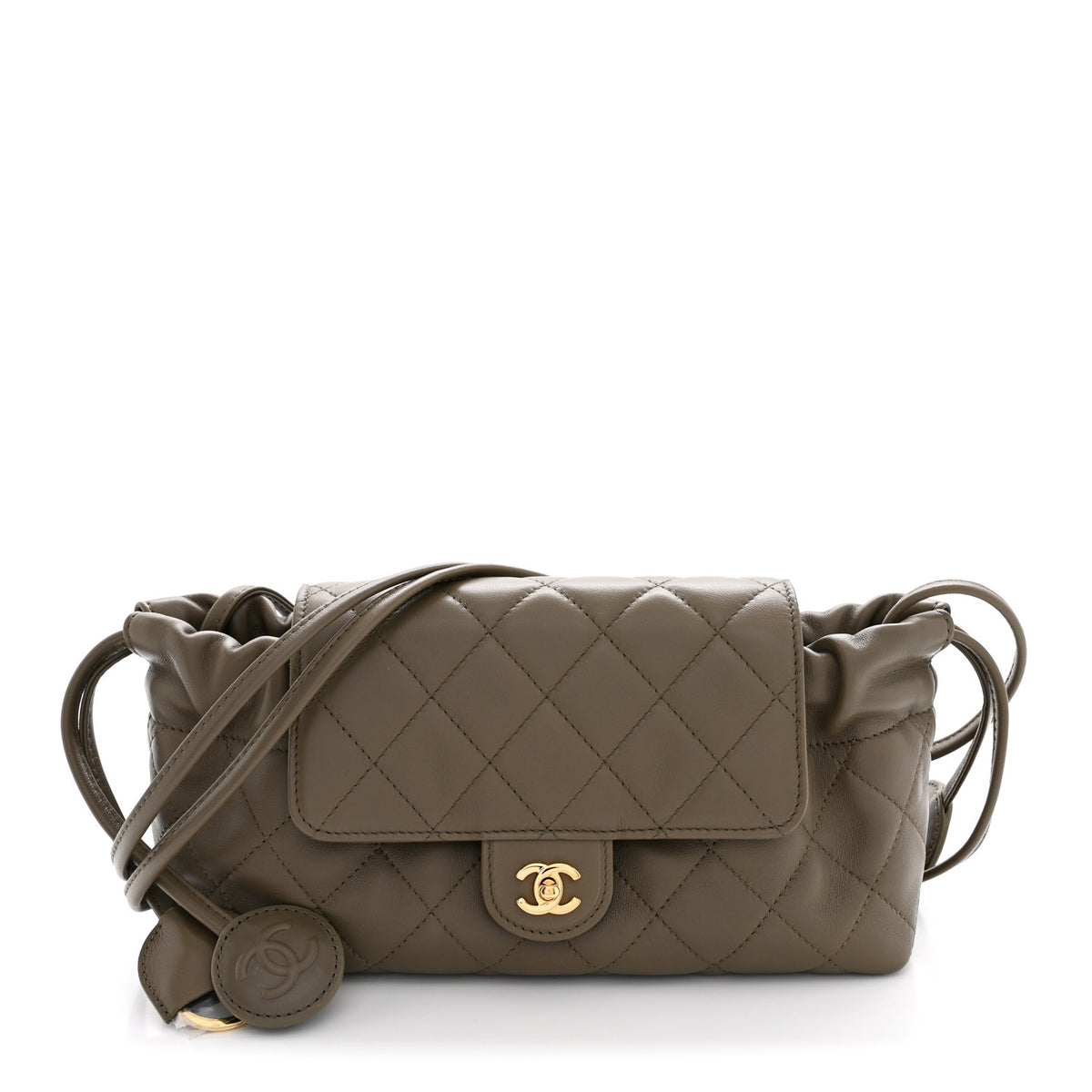 Lambskin Quilted CC Drawstring Flap Clutch With Strap Dark Khaki