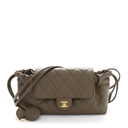 Chanel Lambskin Quilted CC Drawstring Flap Clutch With Strap Dark Khaki 1 of 11