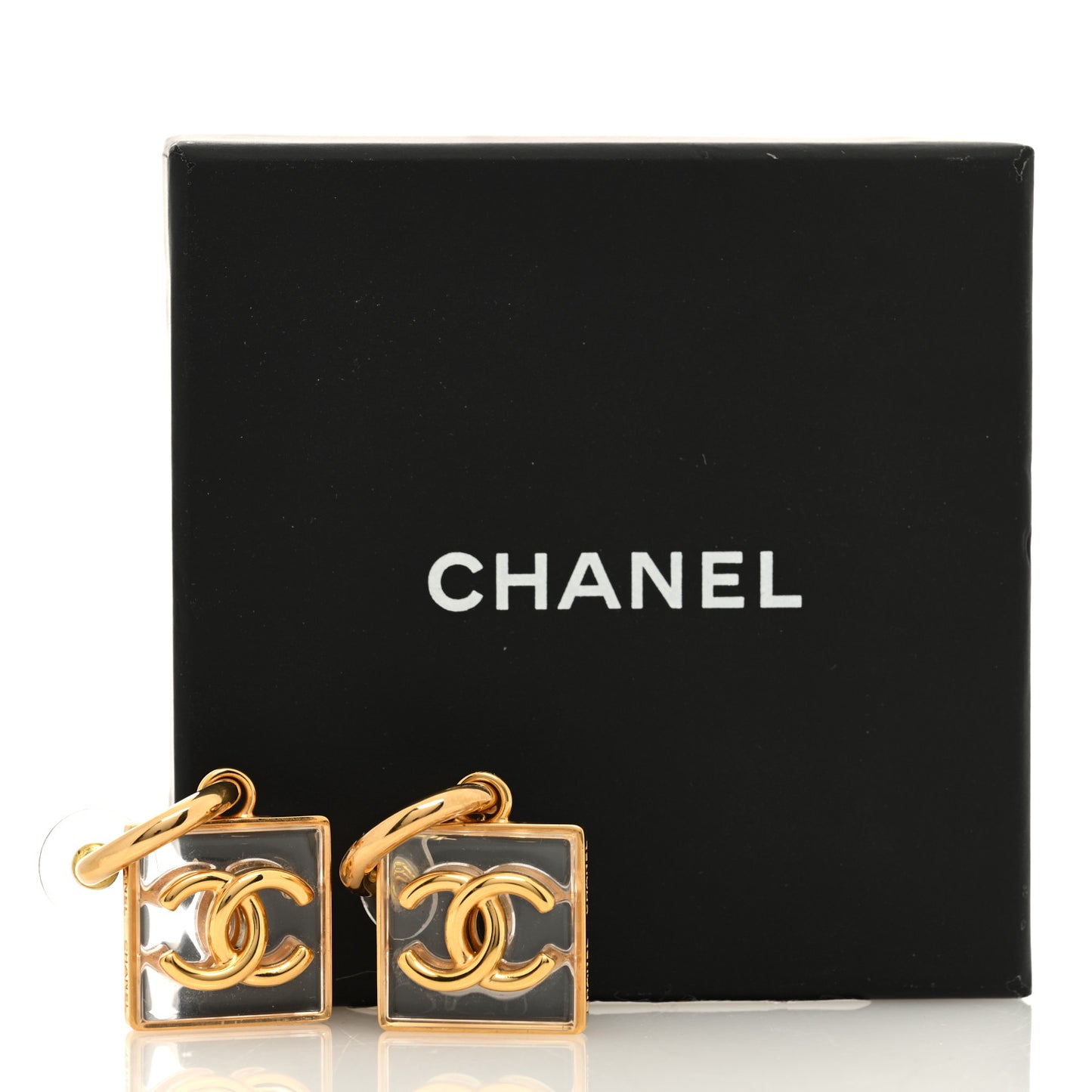 Metal Resin CC Square Drop Earrings Gold Transparent