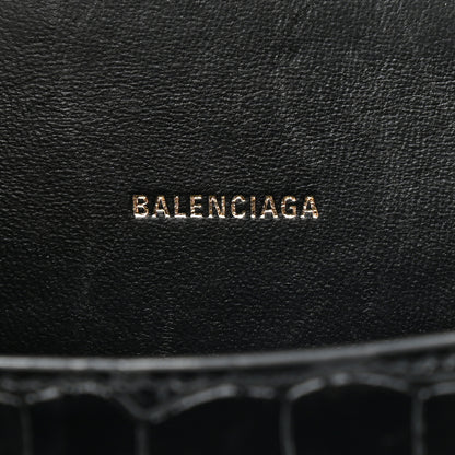Balenciaga Shiny Calfskin Crocodile Embossed Hourglass Top Handle Bag XS Black 5 of 9