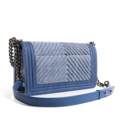 Chanel Denim Chevron Quilted Medium Boy Flap Blue 3 of 9
