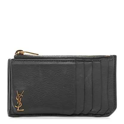 Saint Laurent Grained Calfskin Monogram 5 Fragments Zip Pouch Card Holder Storm 1 of 8