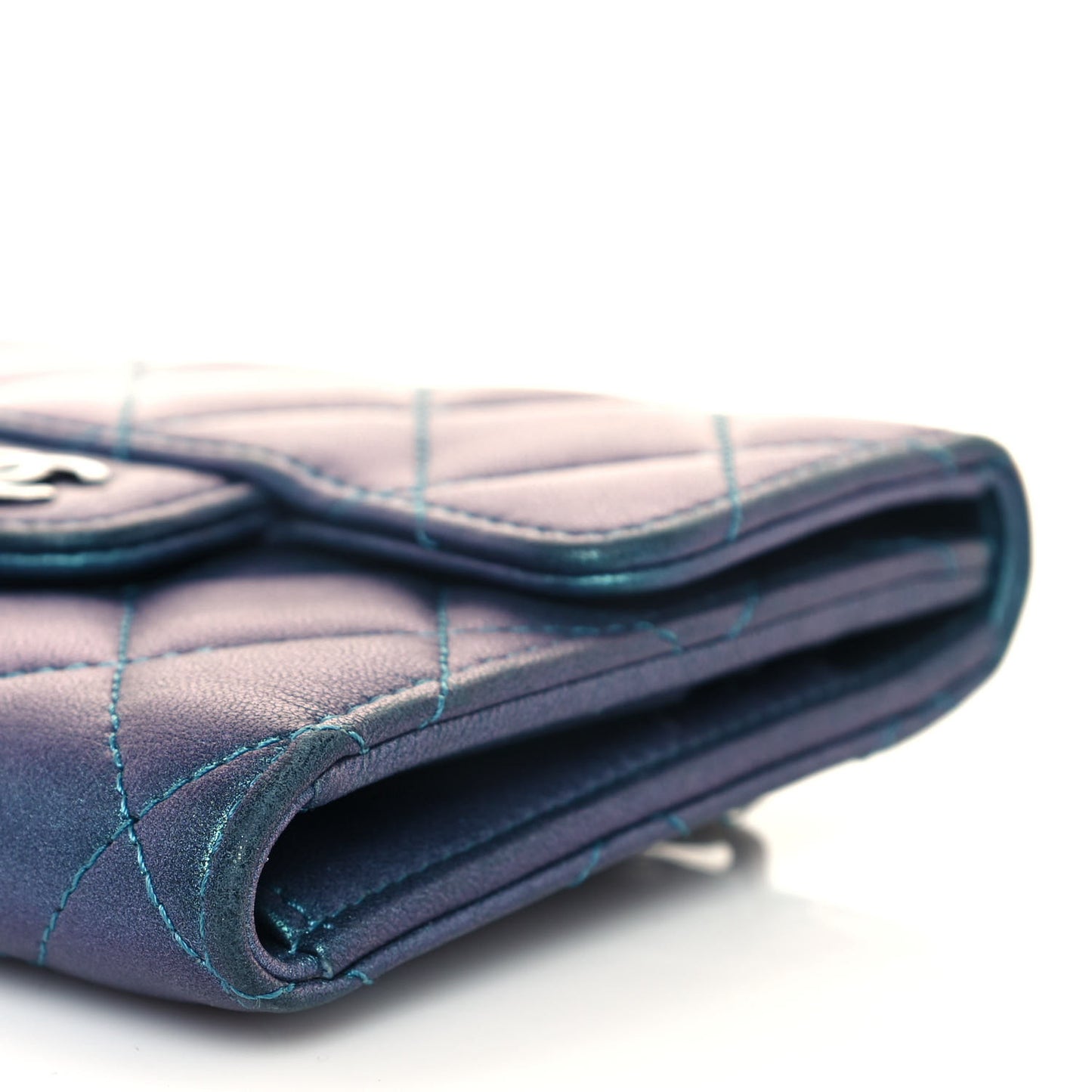 Metallic Lambskin Quilted Compact Flap Wallet Turquoise