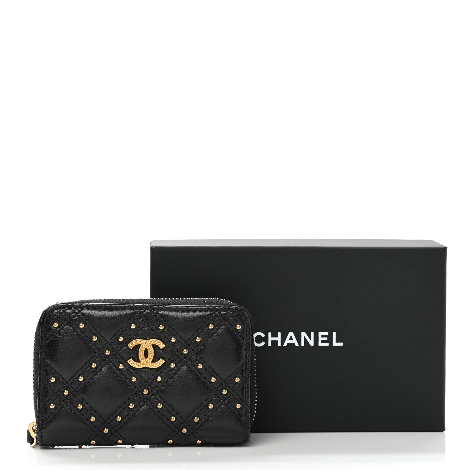 Chanel Lambskin Studded Quilted Compact Zip Around Wallet Black 8 of 8