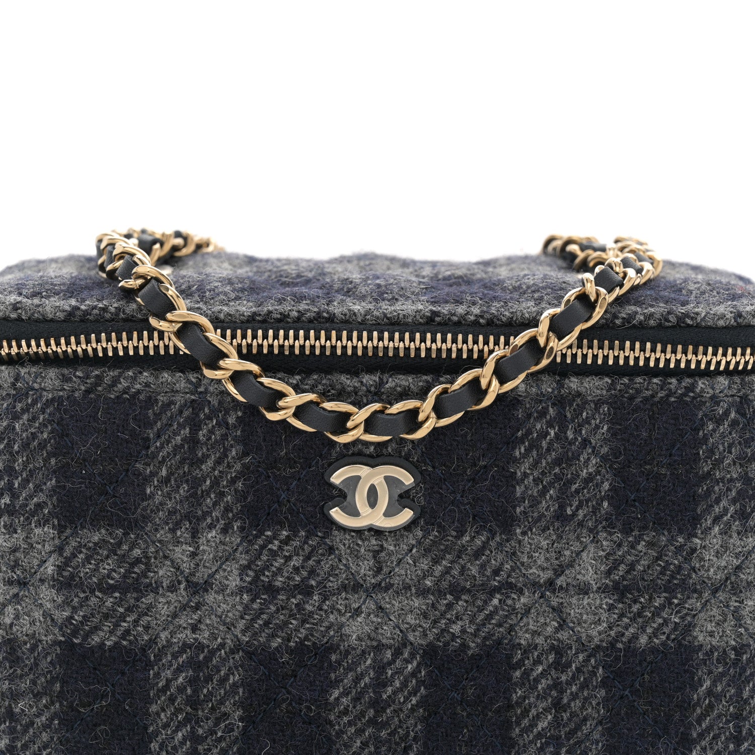 Chanel Wool Plaid Quilted Small Vanity Case With Chain Blue 8 of 10