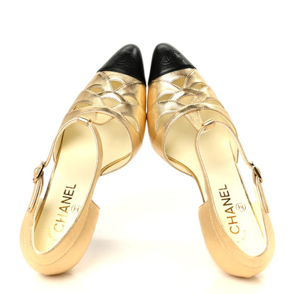 Chanel Laminated Lambskin Cap Toe Pumps 38.5 Gold Black 2 of 10