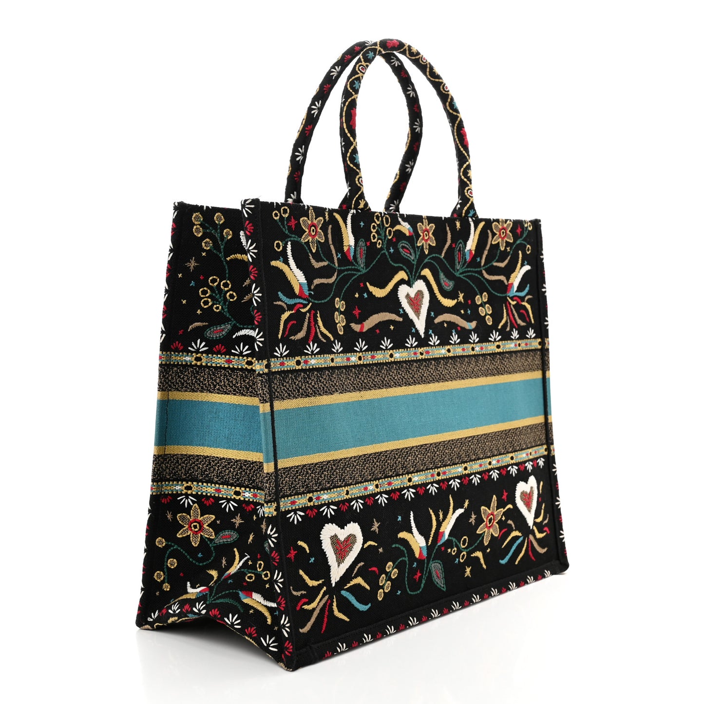 Canvas Embroidered Large Flowers Heart Book Tote Black Multicolor