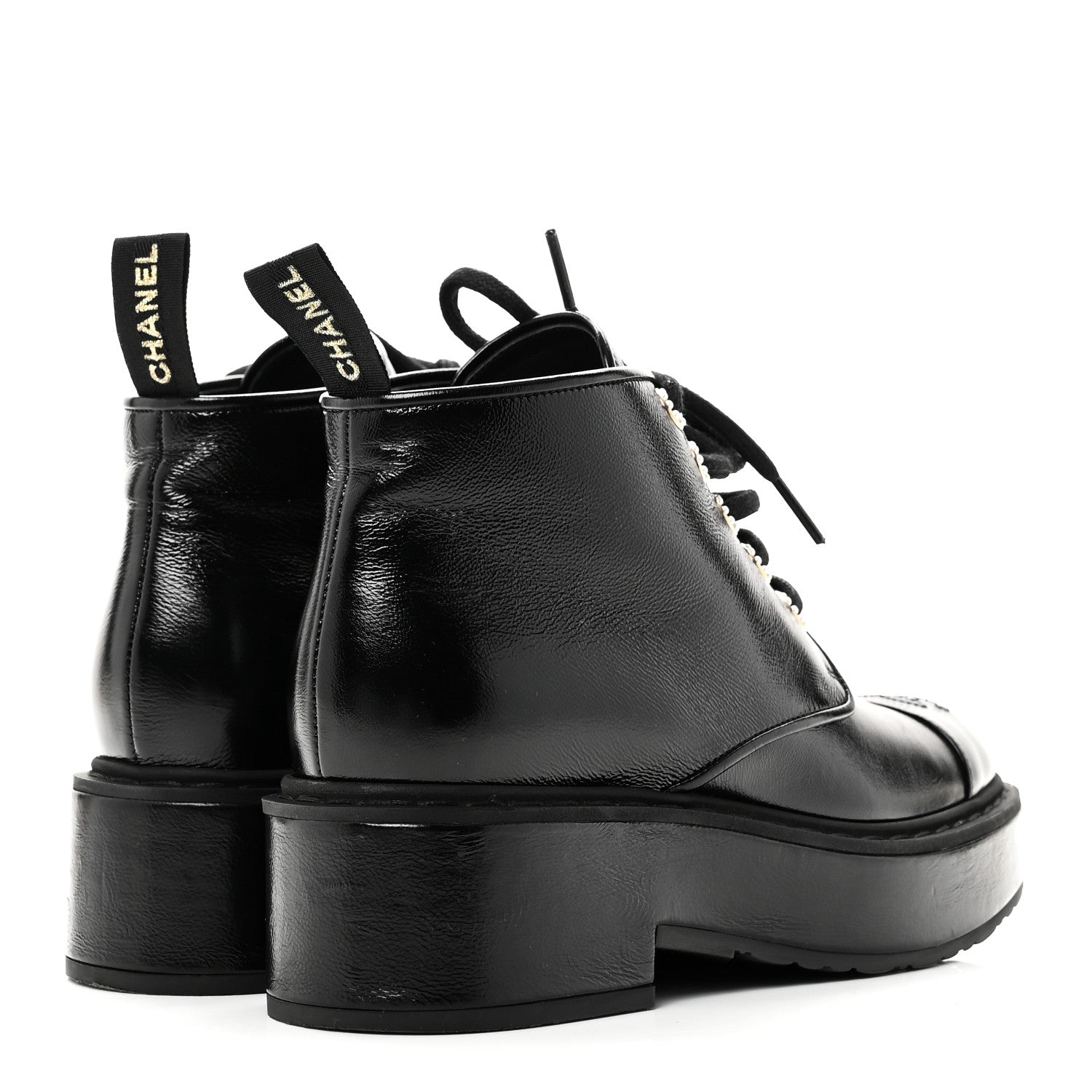Chanel Shiny Calfskin Pearl Lace Up Combat Short Boots 38 Black 5 of 10