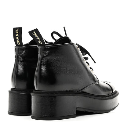 Chanel Shiny Calfskin Pearl Lace Up Combat Short Boots 38 Black 5 of 10