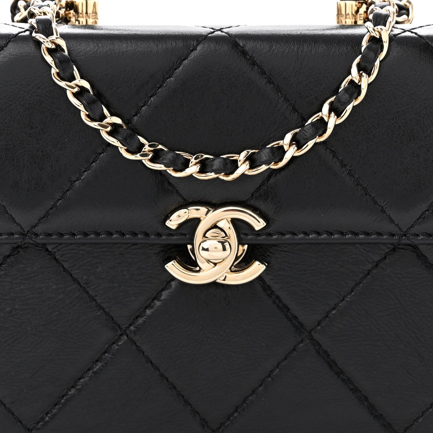 Shiny Calfskin Quilted Small CC Top Handle Box Bag Black