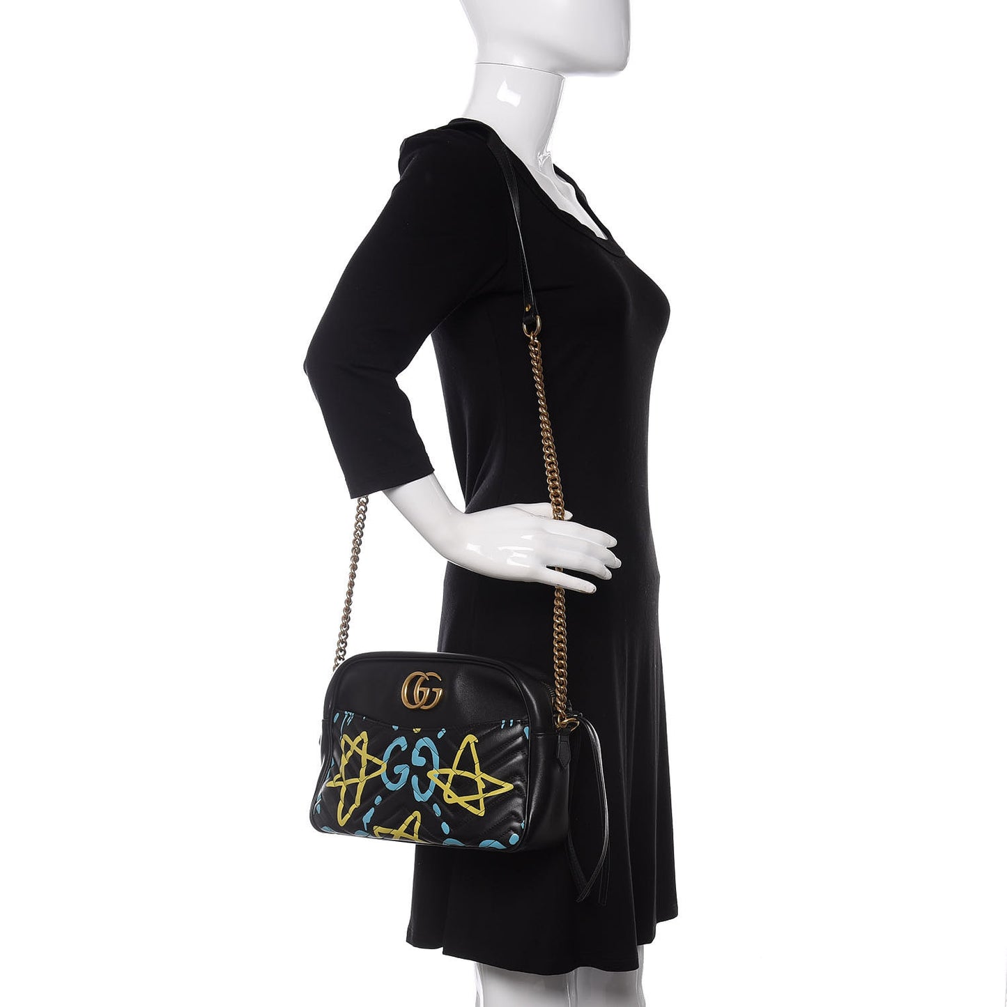 Calfskin Matelasse GucciGhost Medium GG Marmont Chain Shoulder Bag Black New Acquamarine
