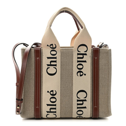 Chloe Cotton Calfskin Small Woody Ribbon Tote With Strap White Brown 1 of 10