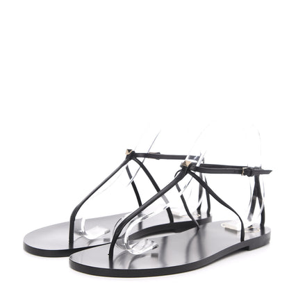 Valentino Garavani Calfskin Nude Rockstud T Strap Flat Thong Sandals 39 Black 3 of 9