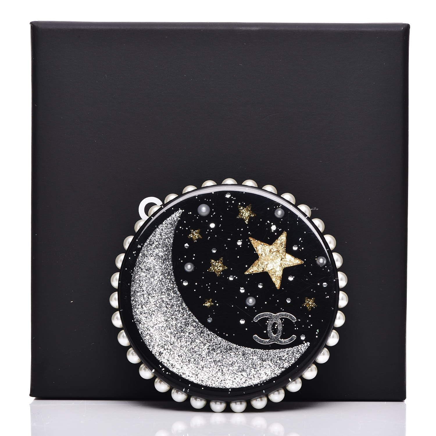 Chanel Glittered Resin Crystal Pearl CC Moon Pin Brooch Black Gold Silver 5 of 5