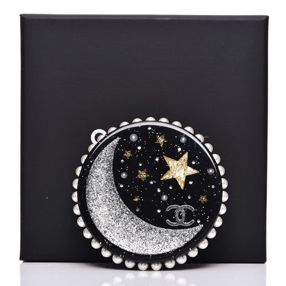 Chanel Glittered Resin Crystal Pearl CC Moon Pin Brooch Black Gold Silver 5 of 5