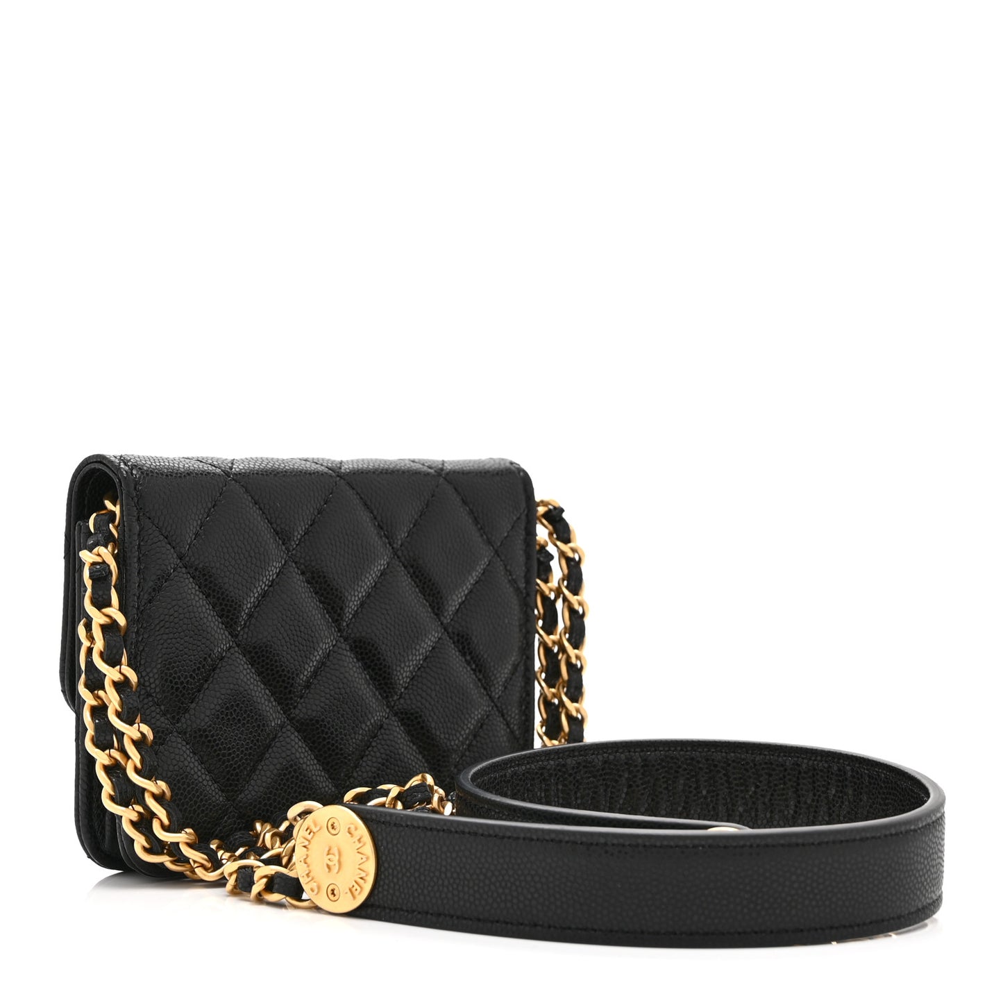 Caviar Quilted Twist Your Buttons Coin Purse With Chain Black