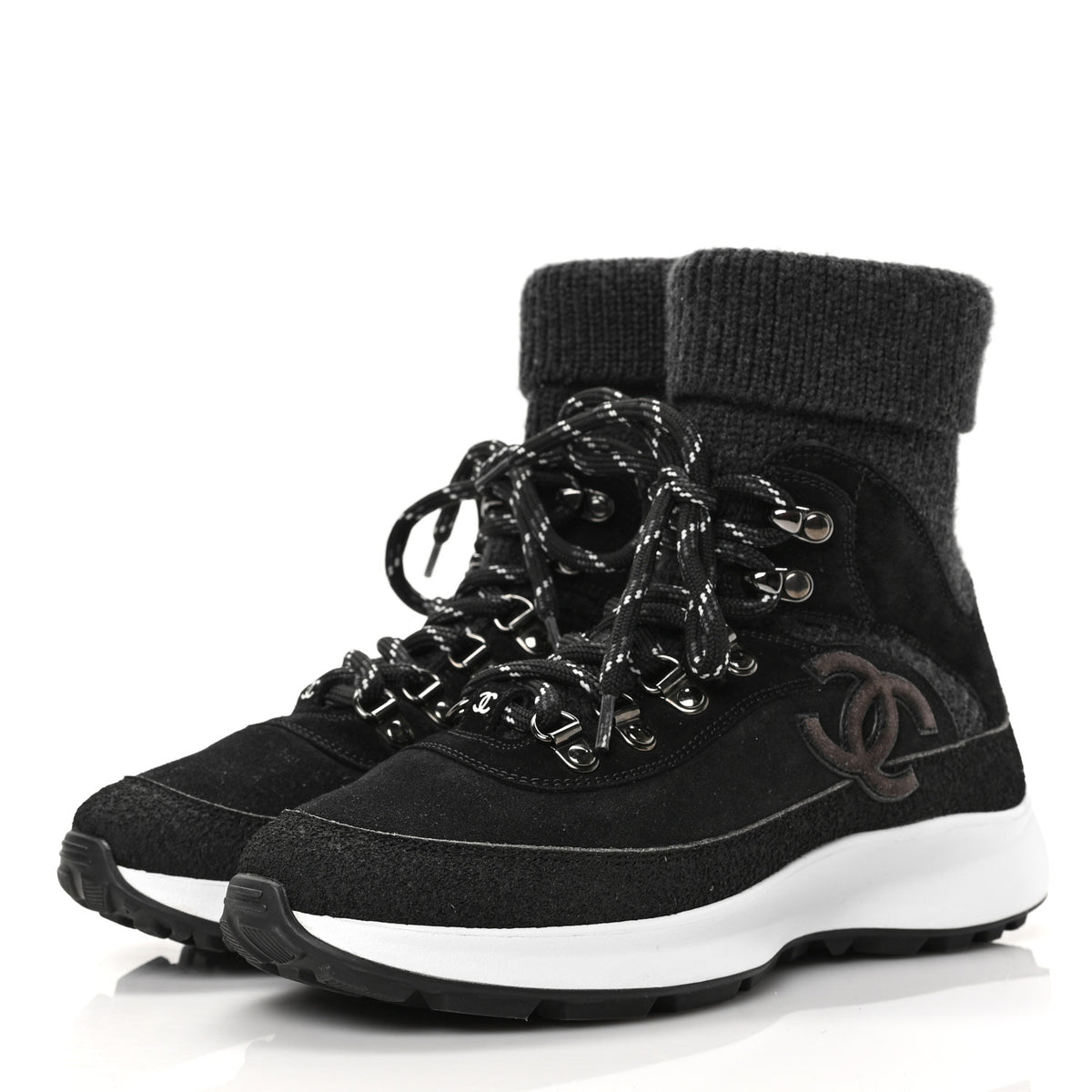 Chanel Suede Calfskin Knit CC Sneakers 35.5 Black Dark Gray 3 of 6