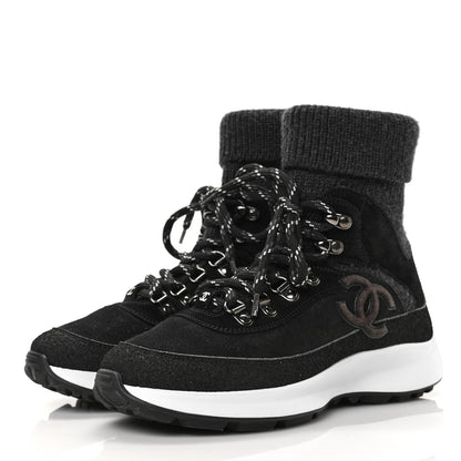 Chanel Suede Calfskin Knit CC Sneakers 35.5 Black Dark Gray 3 of 6