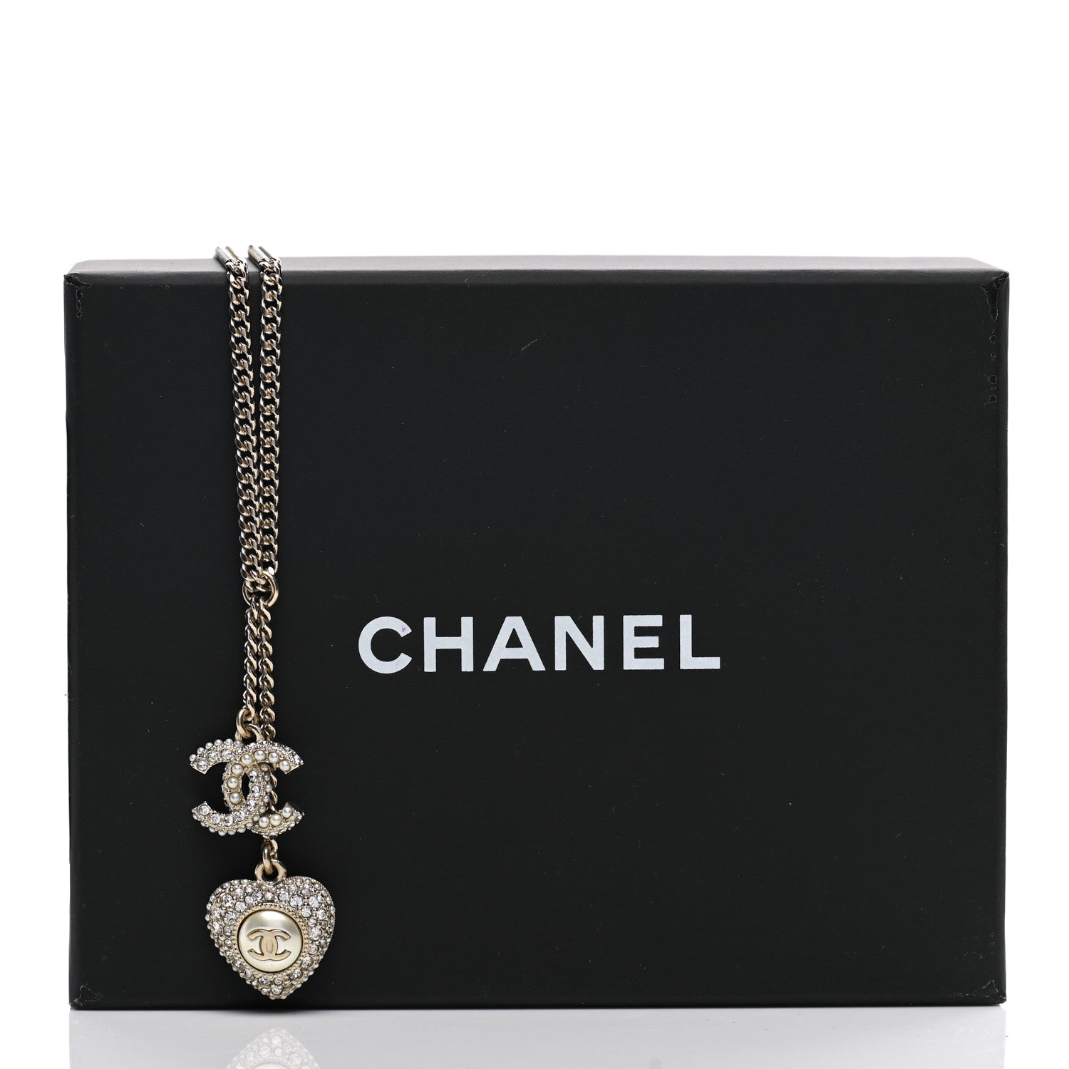Chanel Pearl Crystal CC Heart Necklace Pearly White Gold 5 of 5