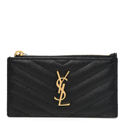 Saint Laurent Grain De Poudre Matelasse Chevron Monogram Fragments Zippered Card Case Black 1 of 8