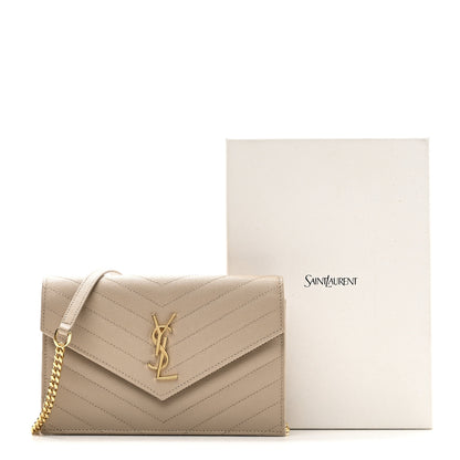 Saint Laurent Grain De Poudre Matelasse Chevron Monogram Envelope Chain Wallet Dark Beige 9 of 9