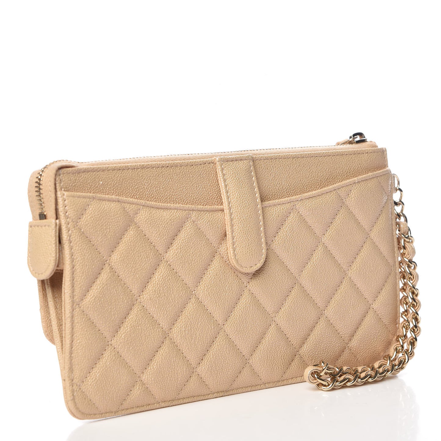 Iridescent Caviar Quilted Classic Pouch With Handle Beige