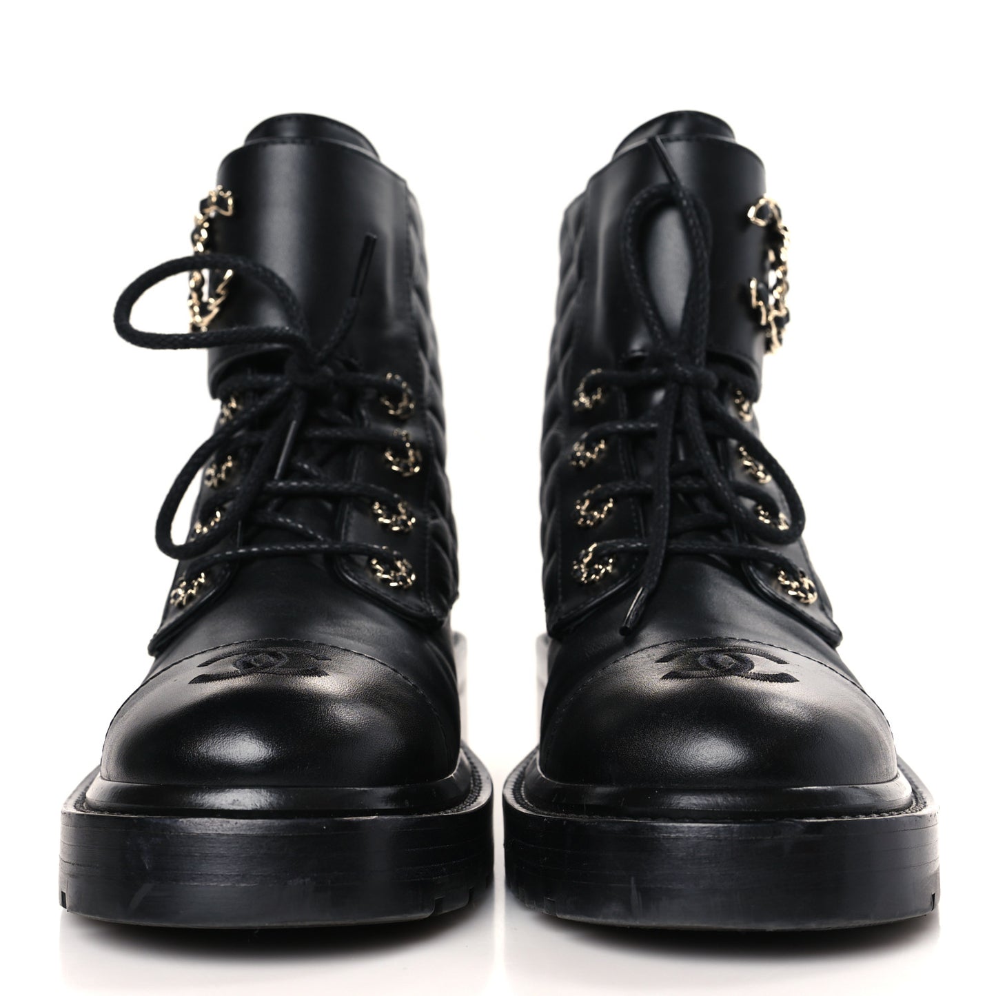 Shiny Calfskin Quilted Lace Up Combat Boots 38 Black
