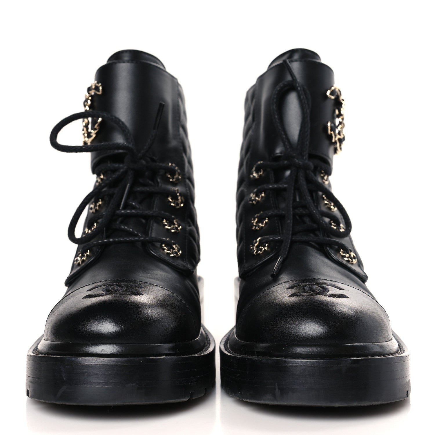 Chanel Shiny Calfskin Quilted Lace Up Combat Boots 38 Black 2 of 8