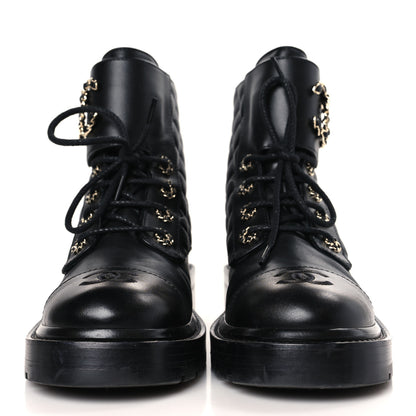 Chanel Shiny Calfskin Quilted Lace Up Combat Boots 38 Black 2 of 8