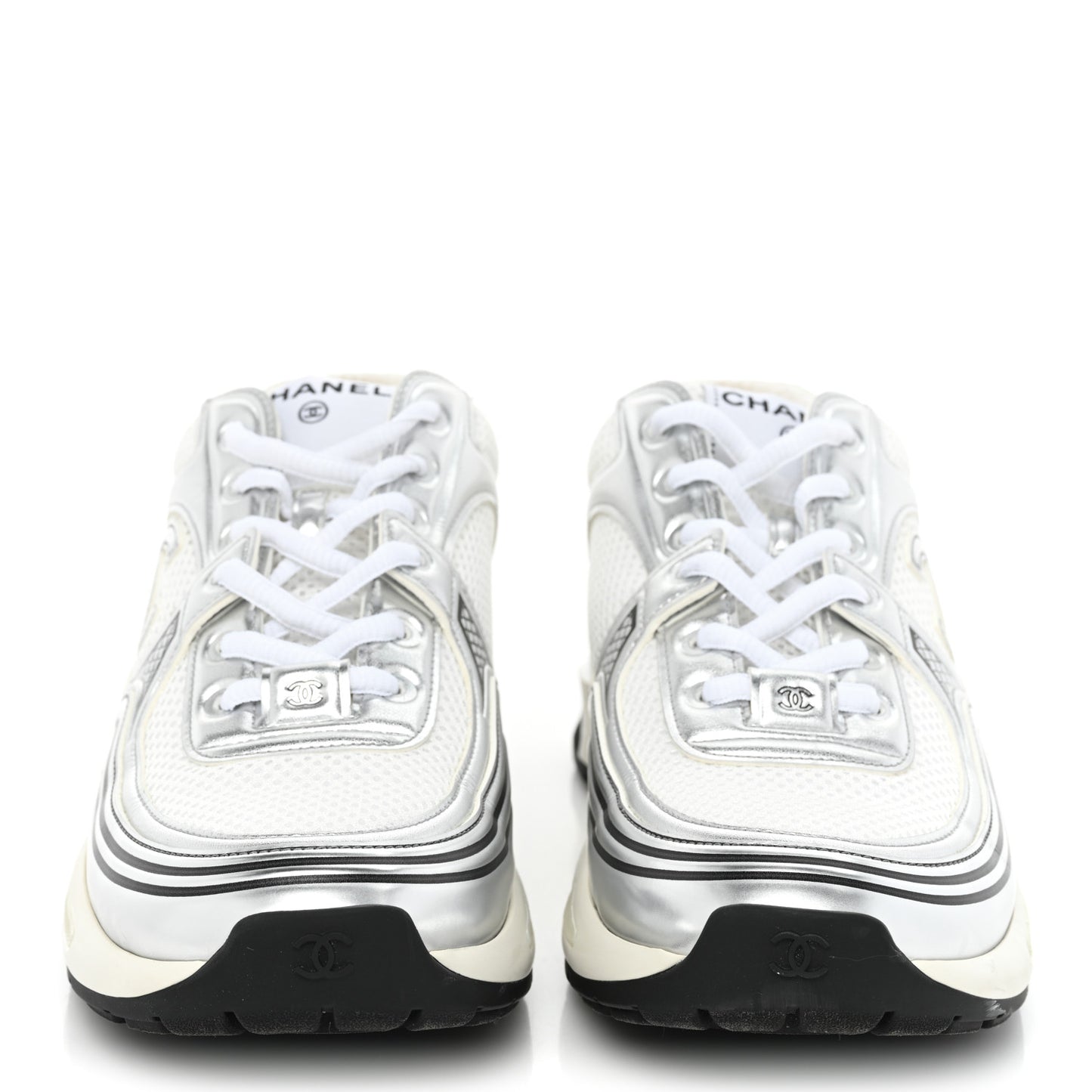 Fabric Laminated Calfskin Stretch CC Sneakers 39.5 White Silver