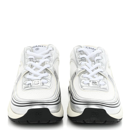 Chanel Fabric Laminated Calfskin Stretch CC Sneakers 39.5 White Silver 2 of 11