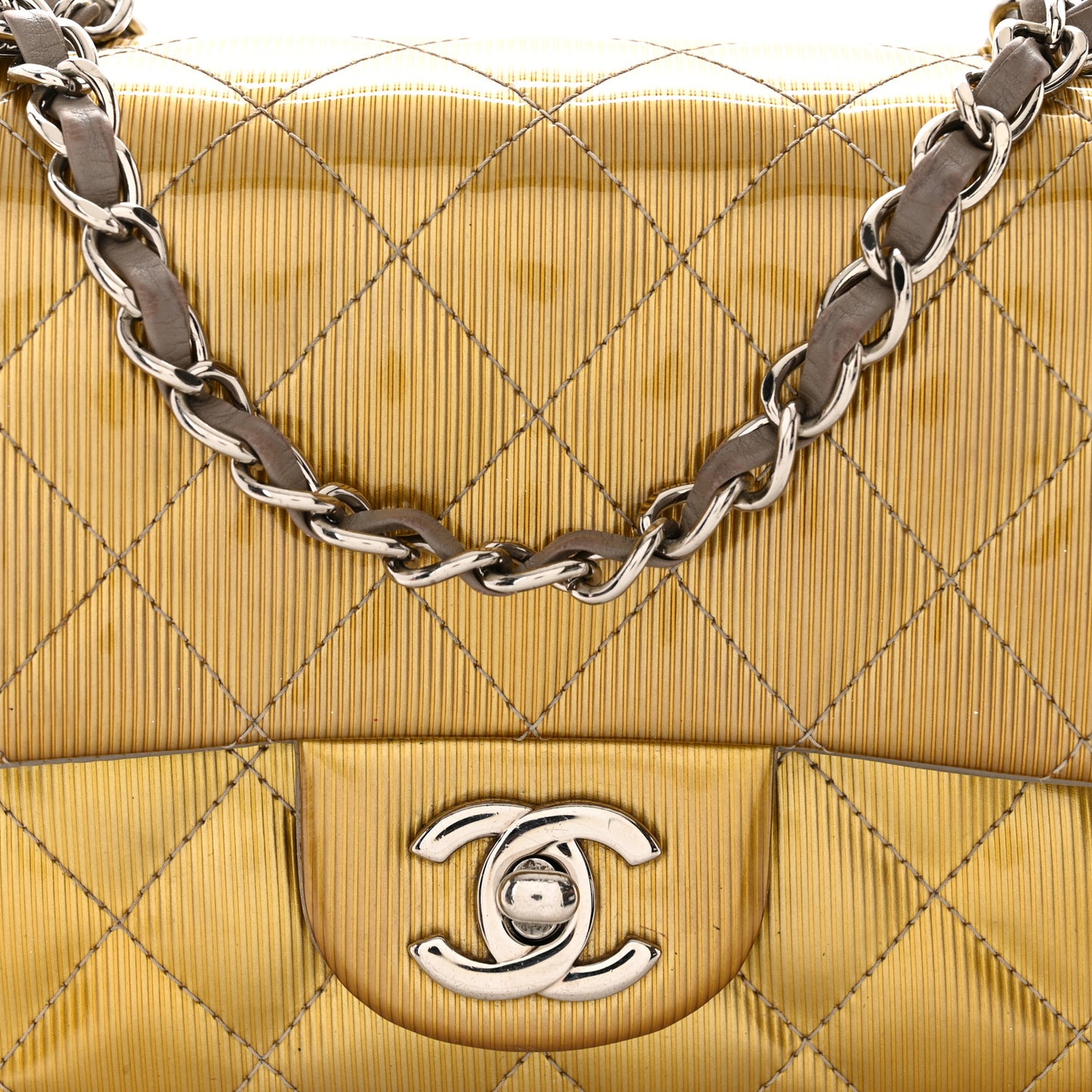 Striated Patent Quilted Mini Square Flap Beige