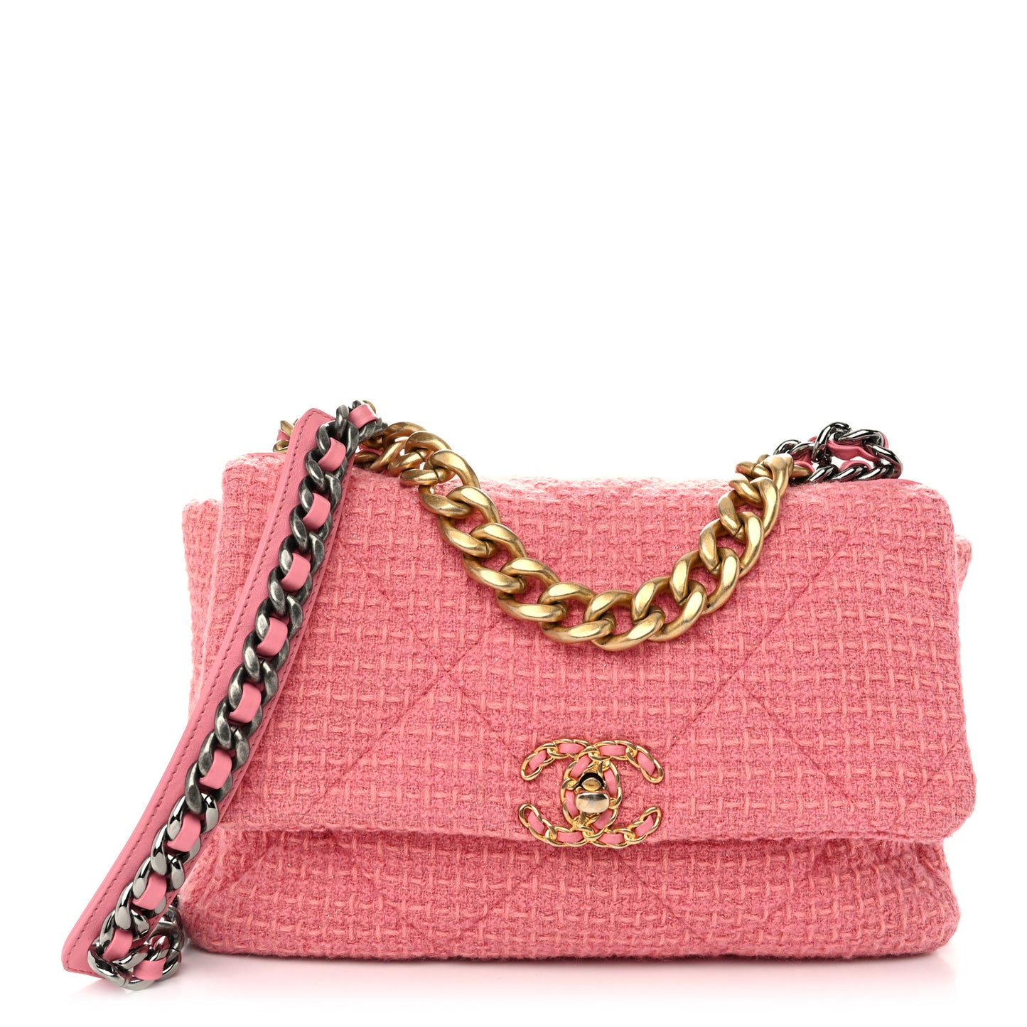 Metallic Tweed Quilted Large Chanel 19 Flap Pink