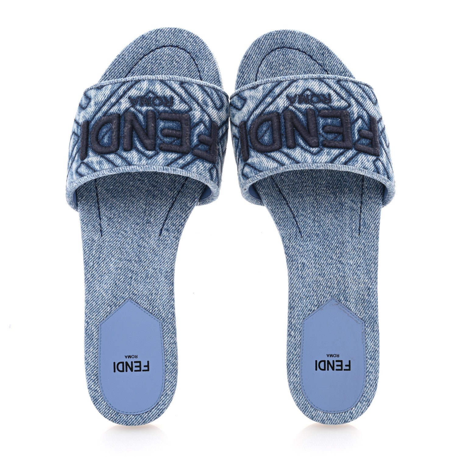 Fendi Denim Print Logo Flat Slide Sandals 36 Blue 2 of 11