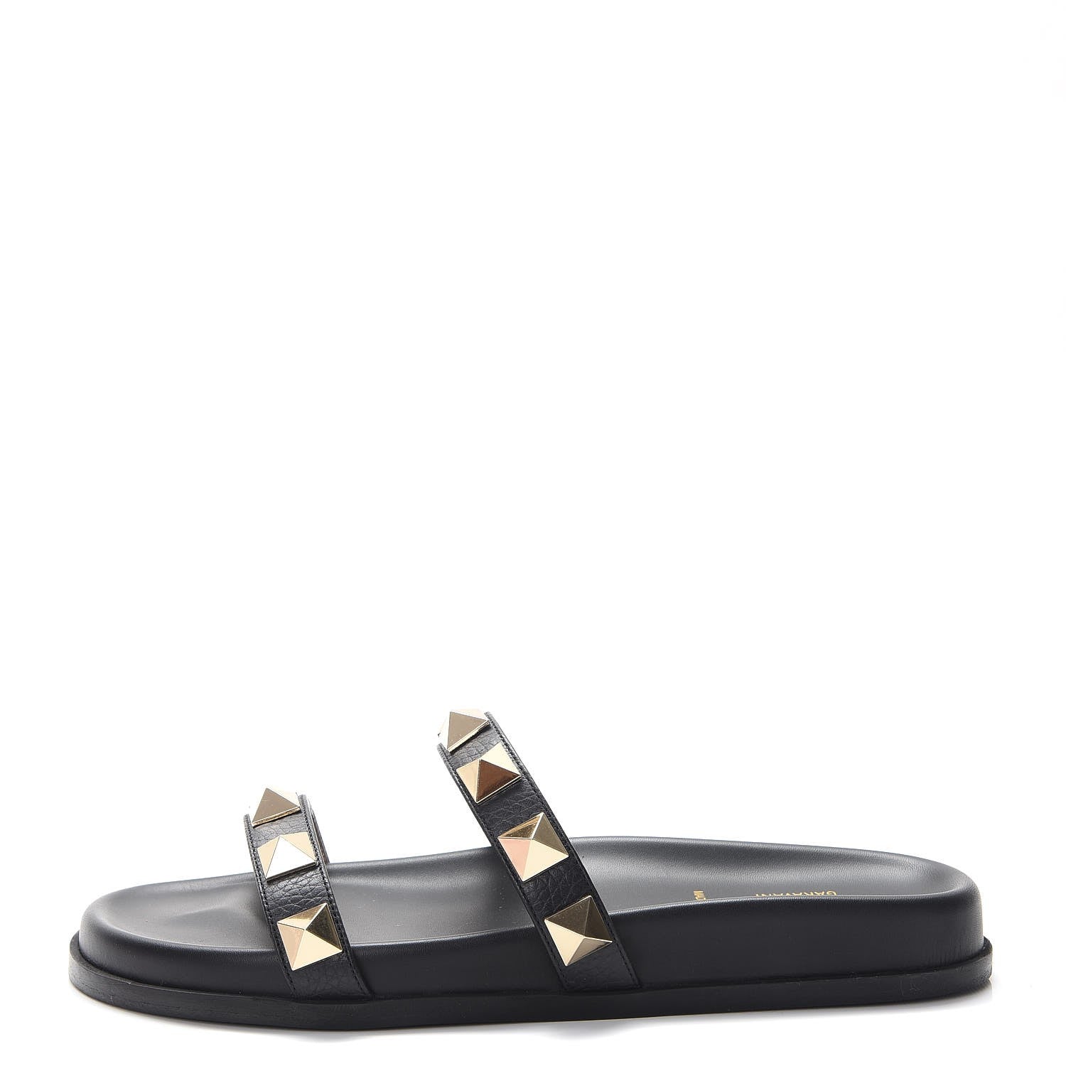 Valentino Garavani Pebbled Calfskin Macro Rockstud Lock Slide Sandals 39 Black 1 of 9